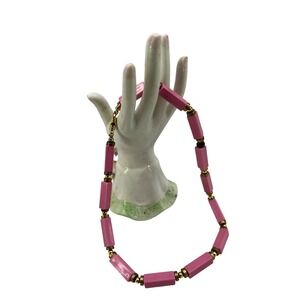 Vintage Pink Rectangle Bar Bead Necklace Gold Tone Accents 14 Inch